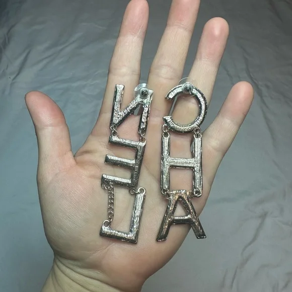 Chic Silver Crystal Letter Earrings - Picture 3 of 3